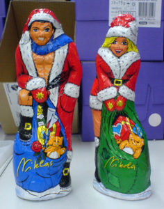 Chocolate Santa figure with a busty female chocolate companion