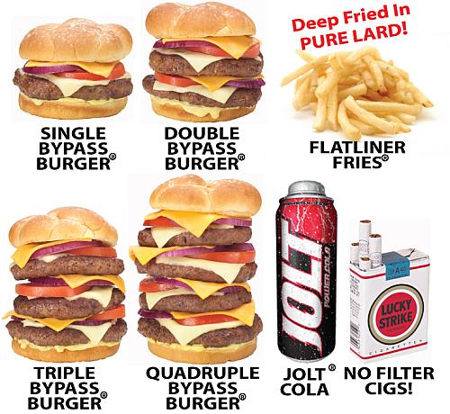Heart Attack Grill menu with the Quadruple Bypass Burger