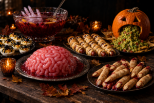 Halloween party table with a pink brain-shaped jelly, mummy hot dogs, severed-finger cookies, spider deviled eggs, a red punch with an ice hand and a carved pumpkin spilling guacamole