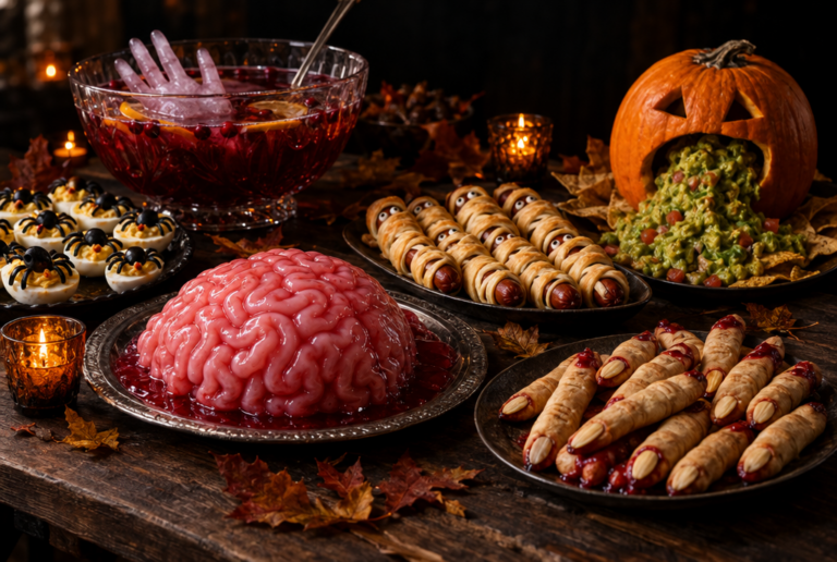 Halloween party table with a pink brain-shaped jelly, mummy hot dogs, severed-finger cookies, spider deviled eggs, a red punch with an ice hand and a carved pumpkin spilling guacamole