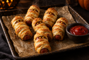 Hot dogs wrapped in strips of golden baked pastry with mustard-dot eyes on a baking tray, with a bowl of ketchup