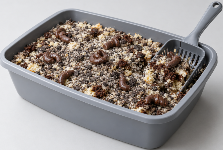 Kitty litter cake in a grey litter box: crumbled cake and cookie crumbs with chocolate candy logs and a litter scoop