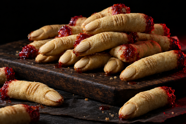 Finger-shaped shortbread cookies with almond fingernails, scored knuckles and red jam at the cut ends, piled on a wooden board